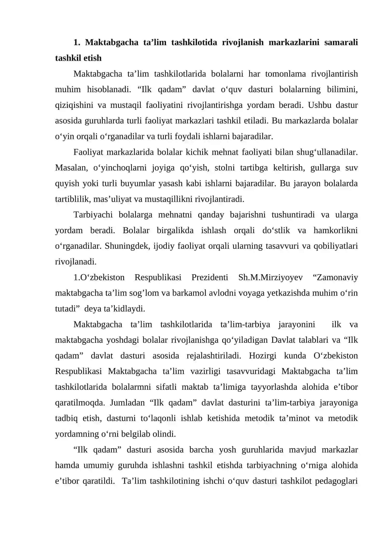 “Ilk qadam” Ilk qadam davlat o‘quv dasturi asosida faoliyat markazlarida maktabgacha yoshdagi bolalar mehnatini tashkil etish 2