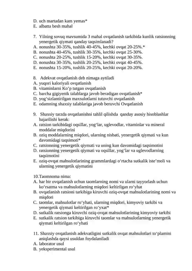 GIGIYENA EKOLOGIYA BILAN, XG FANIDAN 1TA JAVOBLI TESTLAR 2