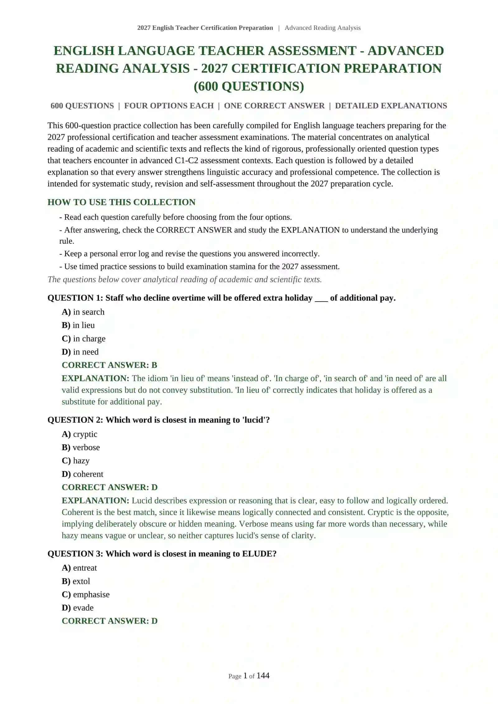 ENGLISH LANGUAGE TEACHER ASSESSMENT - ADVANCED READING ANALYSIS - 2027 CERTIFICATION PREPARATION 2