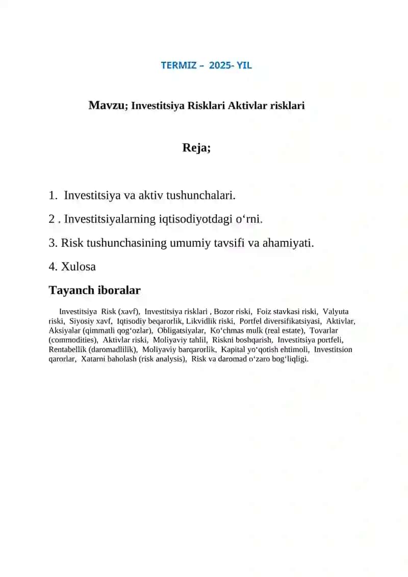 Investitsiya Risklari Aktivlar risklari 2