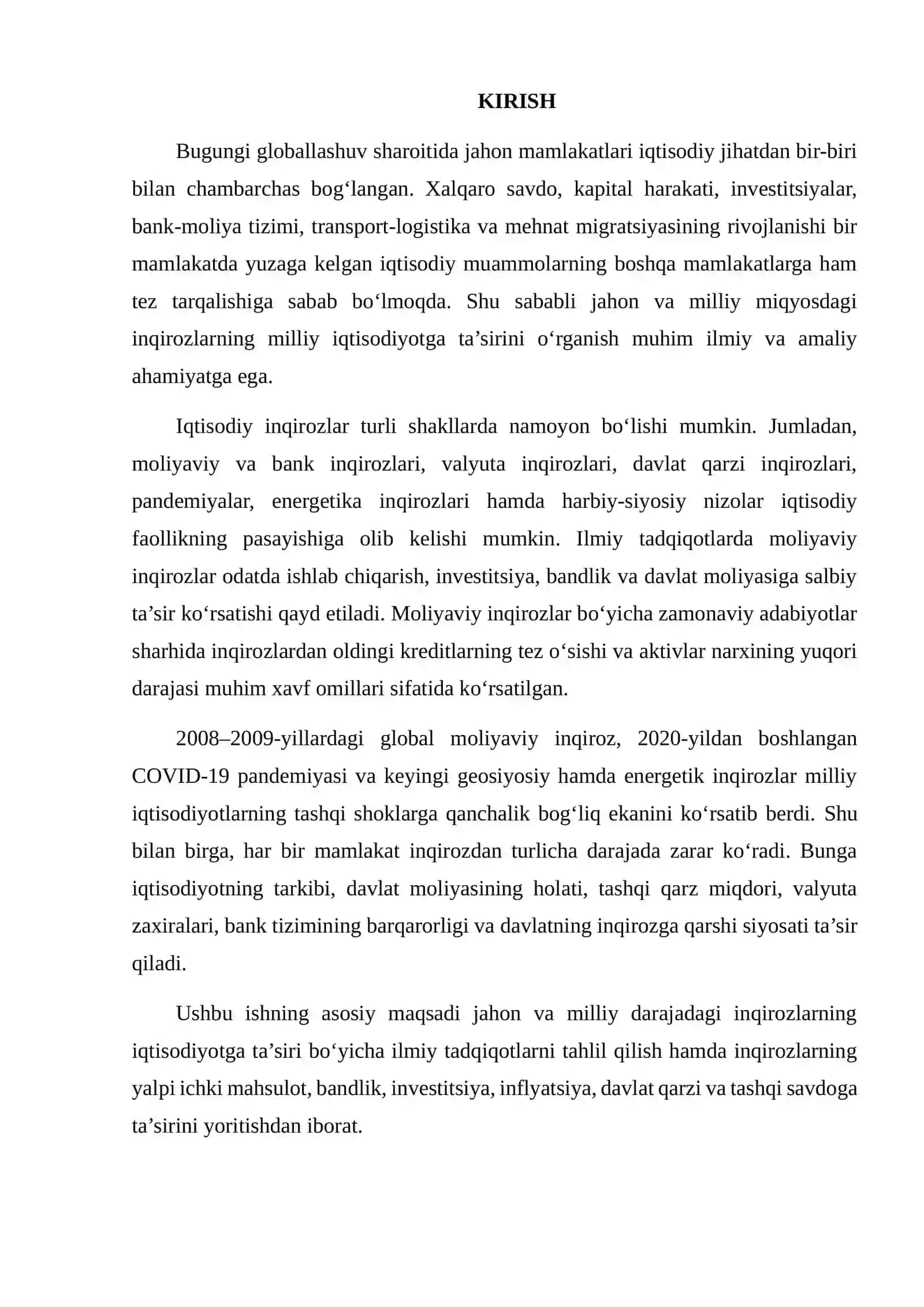 JAHON VA MILLIY INQIROZLARNING MILLIY IQTISODIYOTGA TA’SIRI BO‘YICHA ILMIY MAQOLALAR SHARHI 2