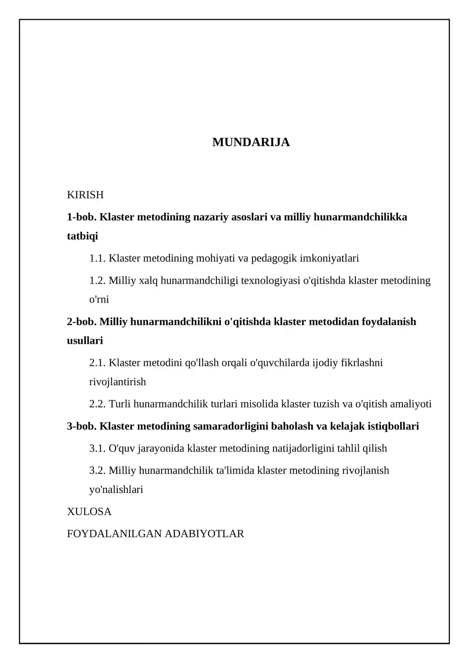 O'quvchilarga "Milliy xalq hunarmandchiligi texnologiyasi" mavzusini o'qitishda klaster metodidan foydalanish 2