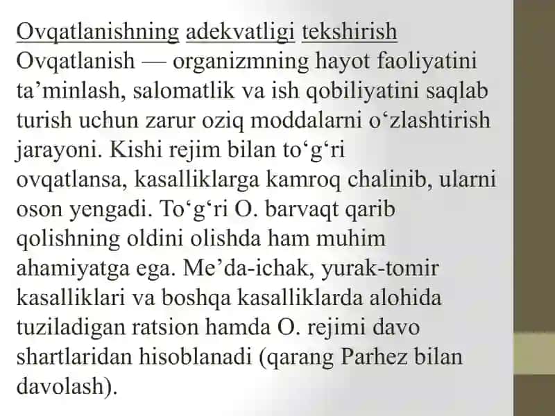 Shaxsiy ovqatlanishning adekvatligi. Yuz-jag’ jarohati patologiyasi mavjud bo’lgan hollarda ovqatlanishning o’ziga xos xususiyatlari. 2