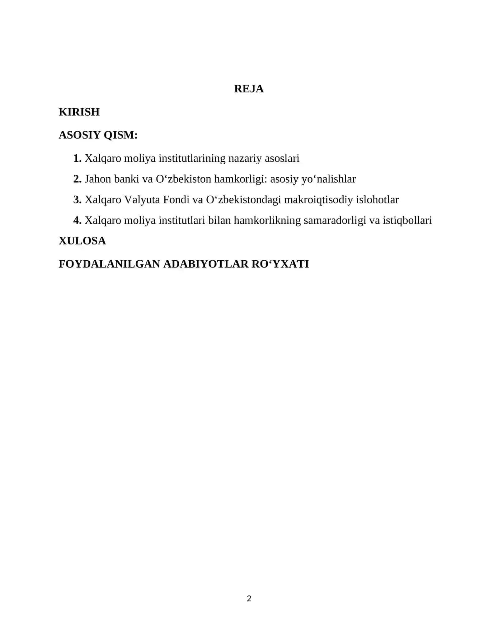 Xalqaro moliya institutlari: Jahon banki va XVFning O‘zbekiston islohotlaridagi roli REFERATi 2