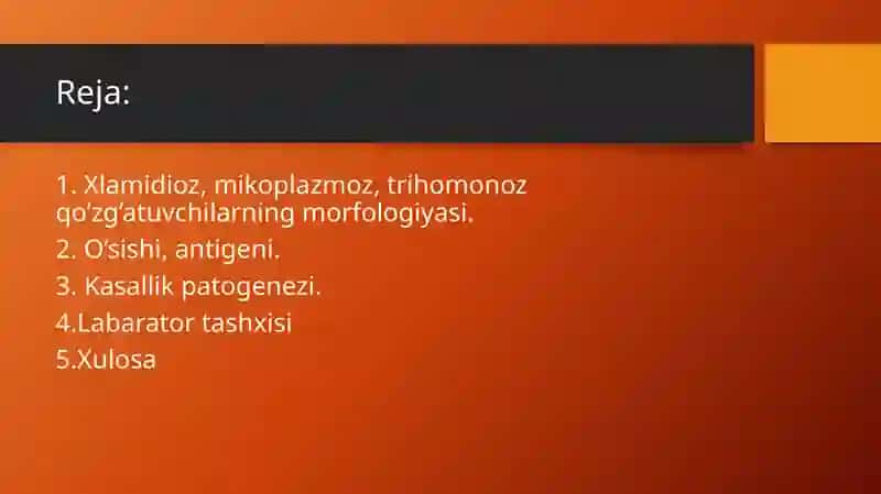 Xlamidioz, mikoplazmoz, trihomonioz qo'g'atuvchilarining tavsifivatashhisi 2