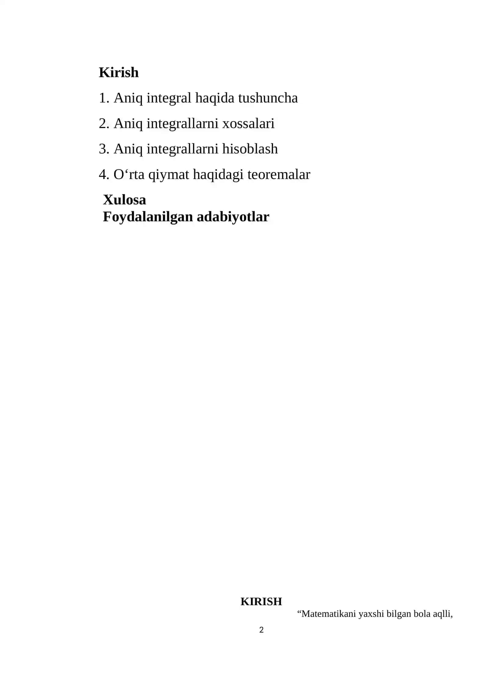 Aniq integrallarni hisoblash va o'rta qiymat haqidagi teoremalar 2