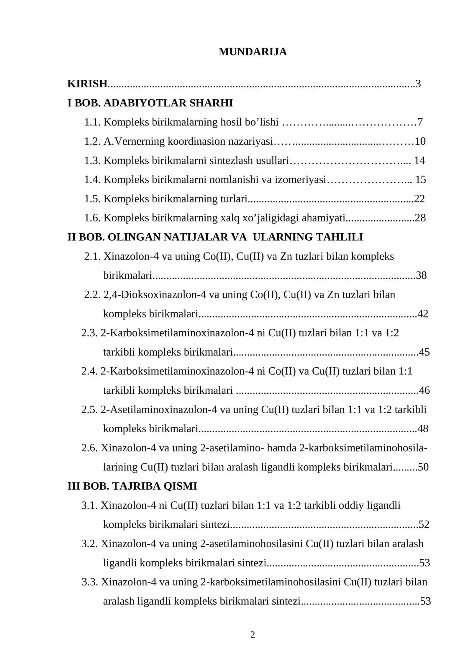 Xinazolon-4 va uning 2-asetilamino- hamda 2-karboksimetilamino hosilalarini cu(ii) tuzlari bilan oddiy va aralash ligandli kompleks birikmalari sintezi 2