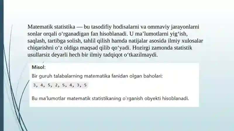 Matematik statistika asoslari. Variatsion qator. O‘rtacha qiymat. Dispersiya 2