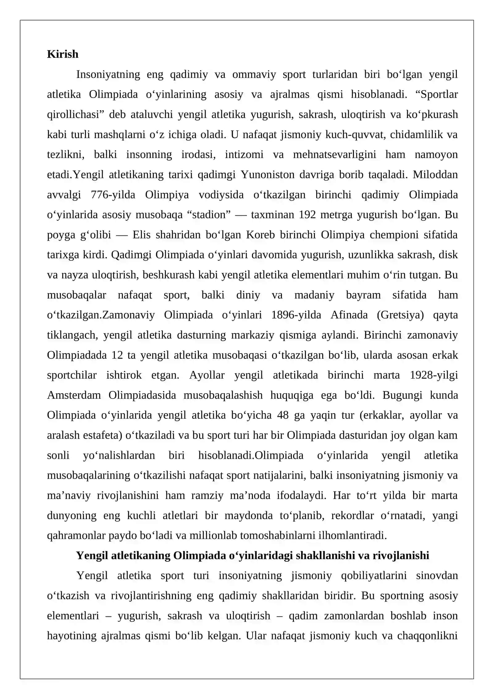 Yengil atletika turi bo‘yicha Olimpiada o‘yinlarining o‘tkazilishi 2
