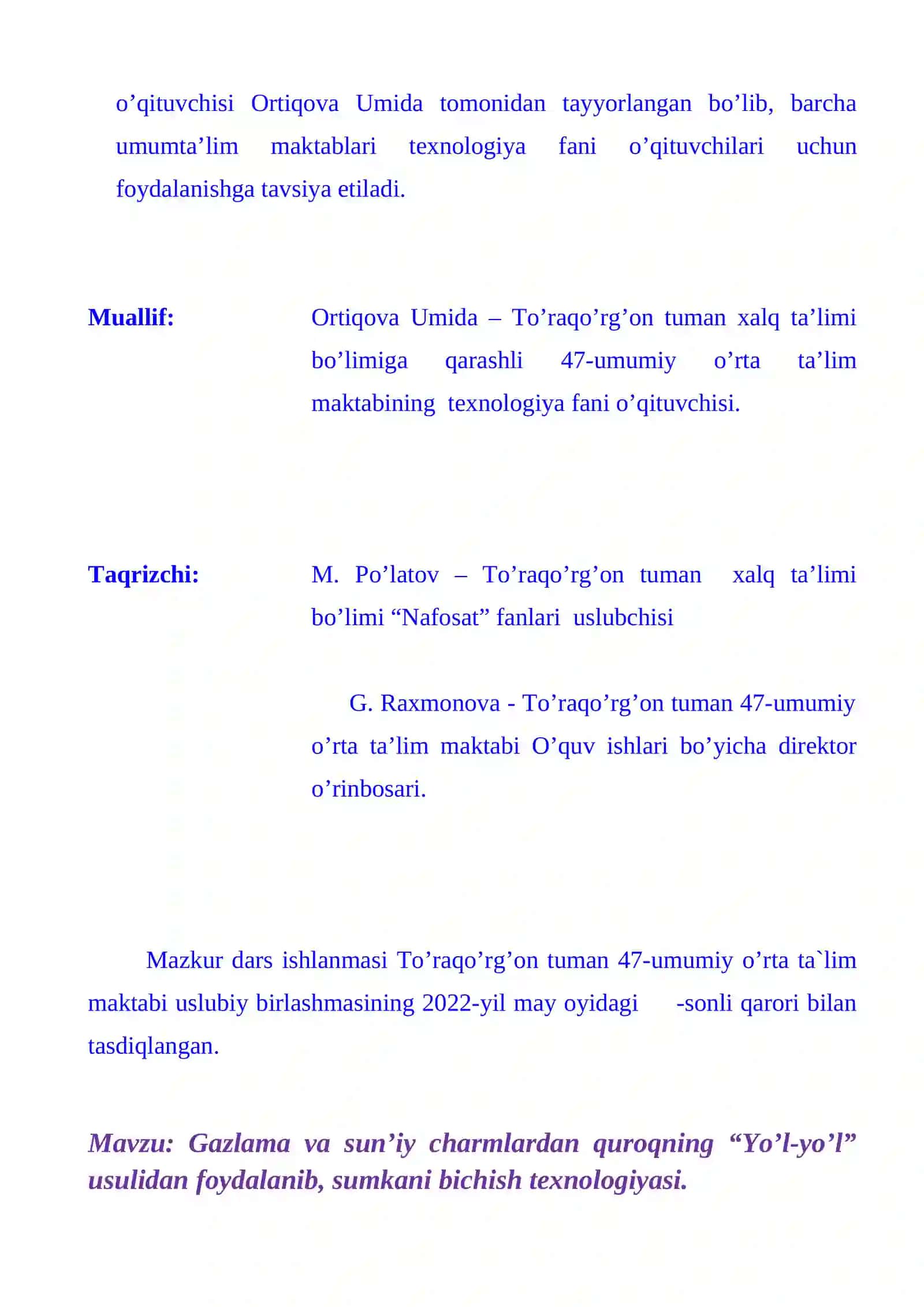 7-sinf Texnologiya Gazlama va sun'iy charmlardan quroqning Yo'l-yo'l usulidan foydalanib, sumkani bichish texnologiyasi 2