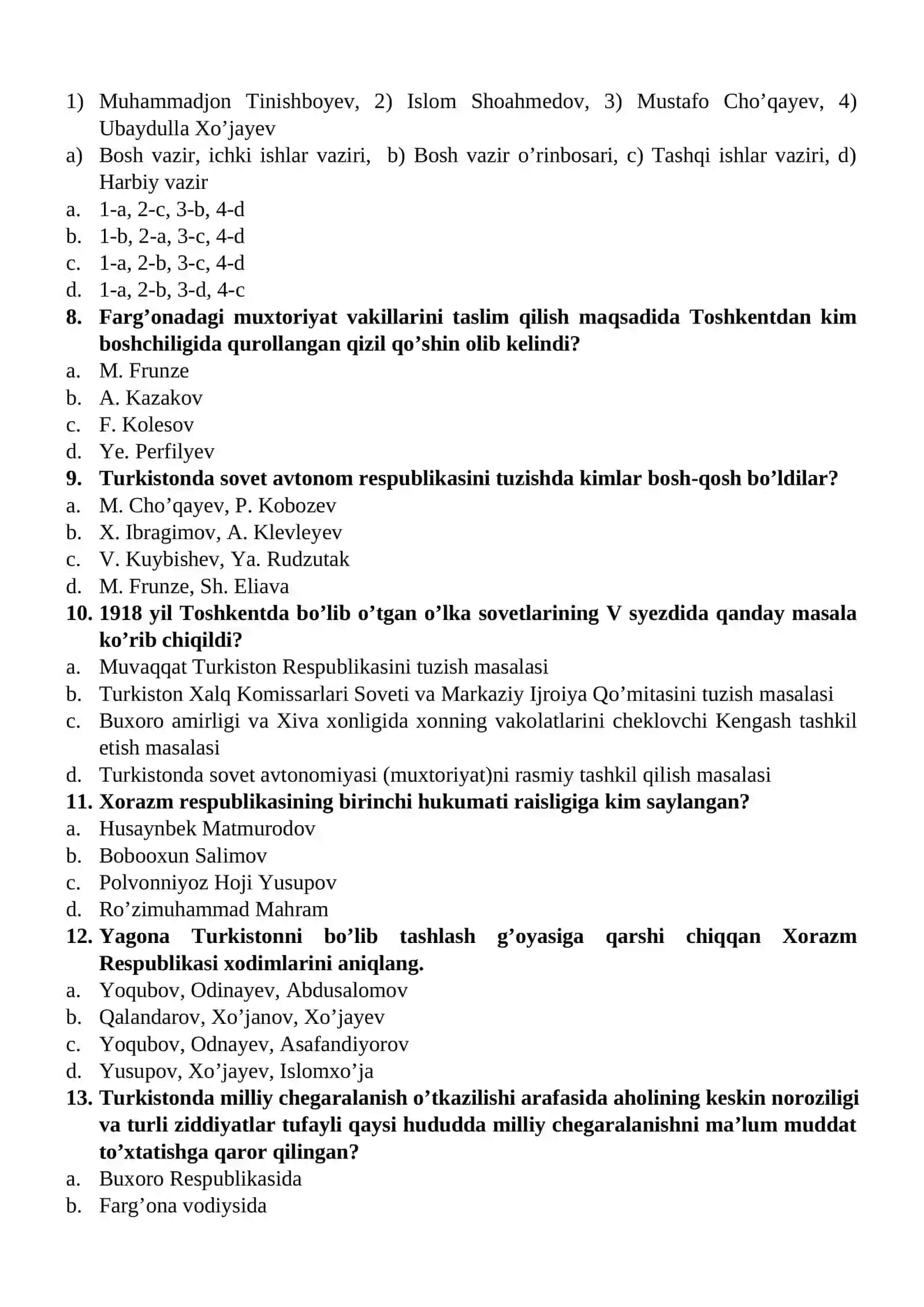 O’zbekiston tarixi fanidan yakuniy davlat attestatsiyasi uchun test savollari to’plami: 2 qism 2