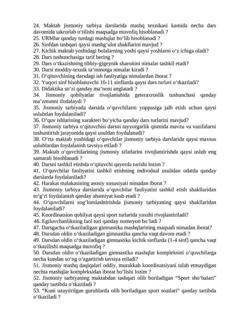 Maktabgacha yoshdagi bolalar uchun jismoniy tarbiya test savollari 2