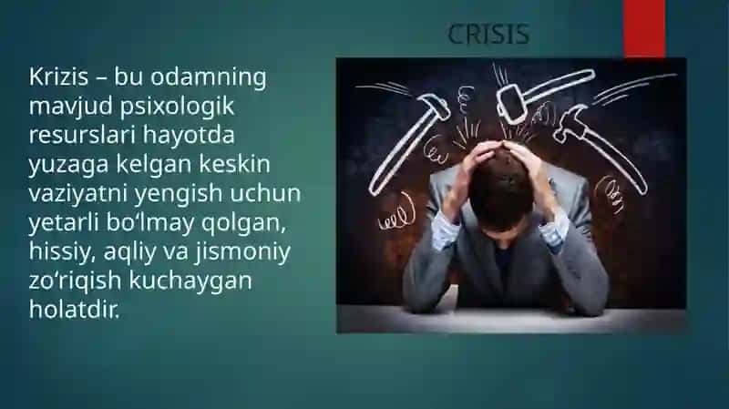 Krizis holatda bo‘lgan bemorga maslahat berish. Yo‘qotish, bemor holatini o‘ziga xosligi 2