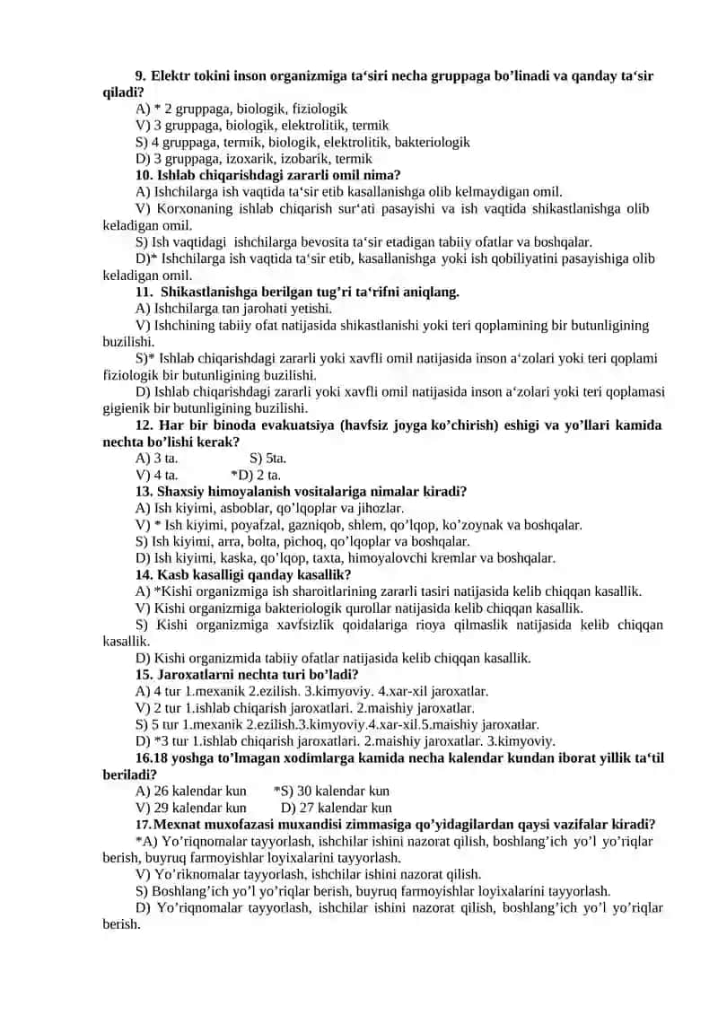 HAYOT FАОLIYATI ХАVFSIZLIGI FАNIDAN TEST SAVOLLARI 2