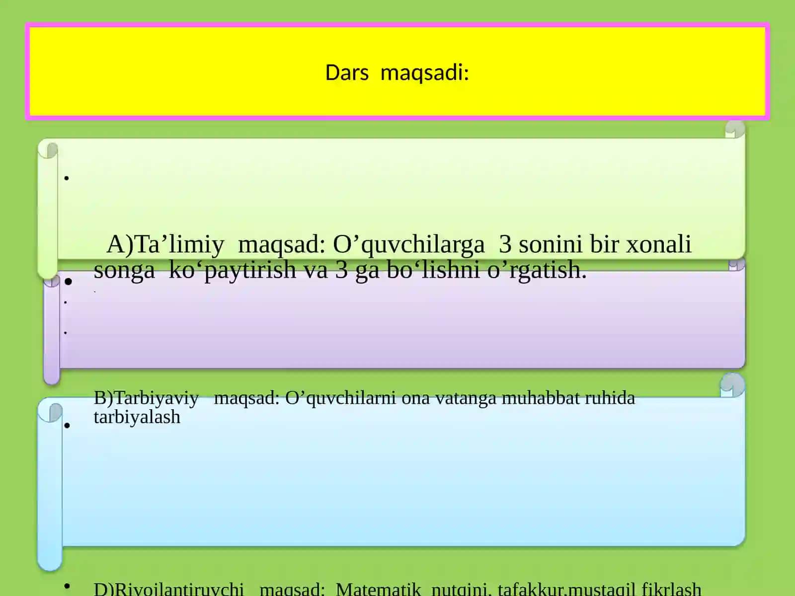 🖥 2-sinf Matematika "3 soniga  ko'paytirish va bo'lish" mavzusi uchun ochiq dars o'quvchilarga Matematika Fanidan Amaliy Ishlanmasi 2