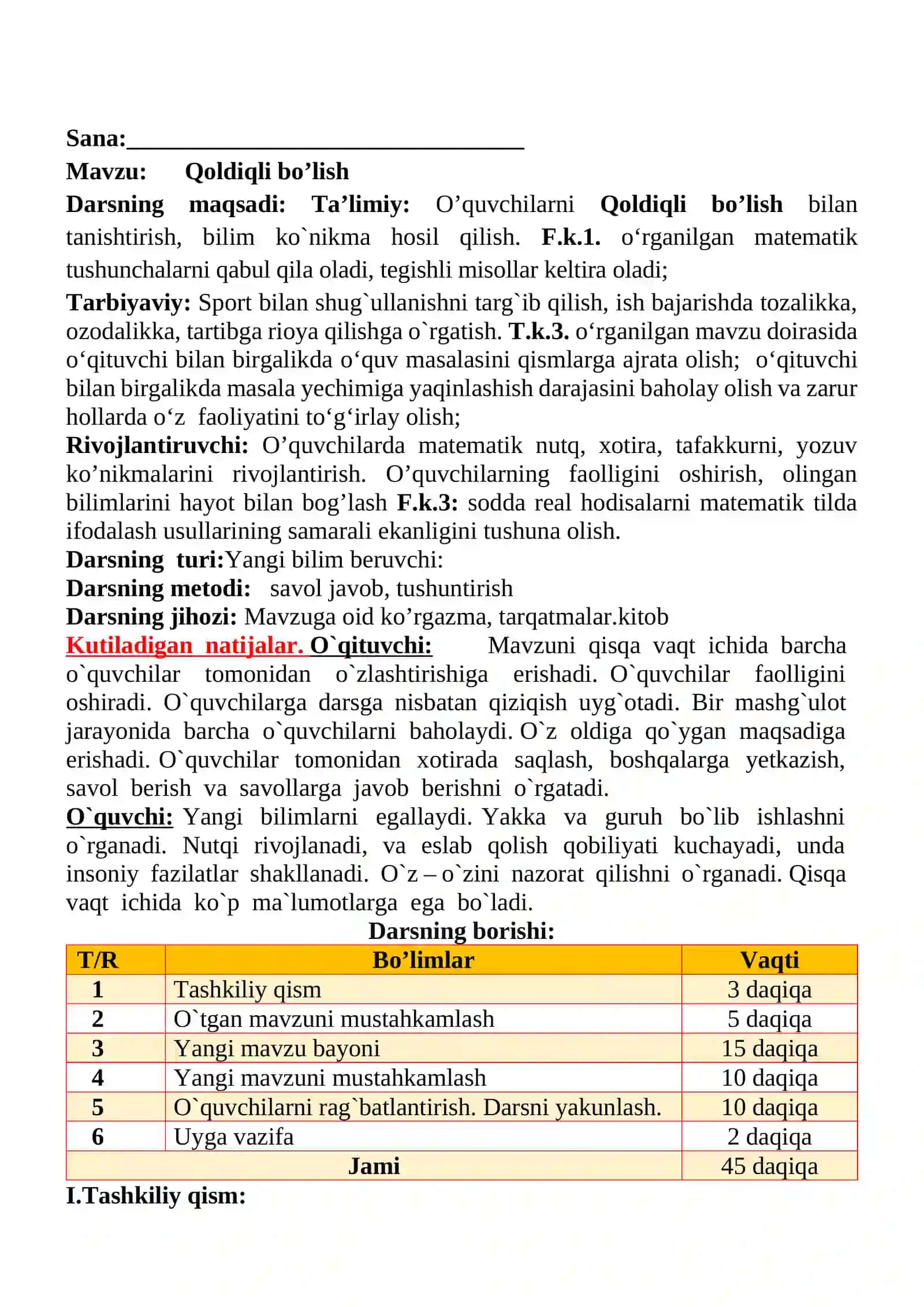 Qoldiqli bo‘lish mavzusida 3-sinf Matematika fanidan dars ishlanmasi 2