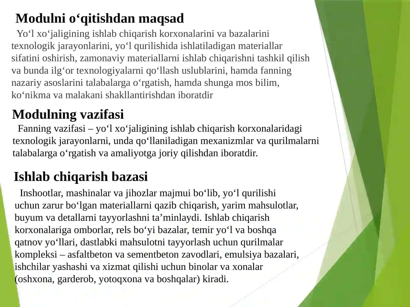 Yo‘l xo‘jaligining ishlab chiqarish korxonalarida ishlar texnologiyasi va uni tashkil etish 2