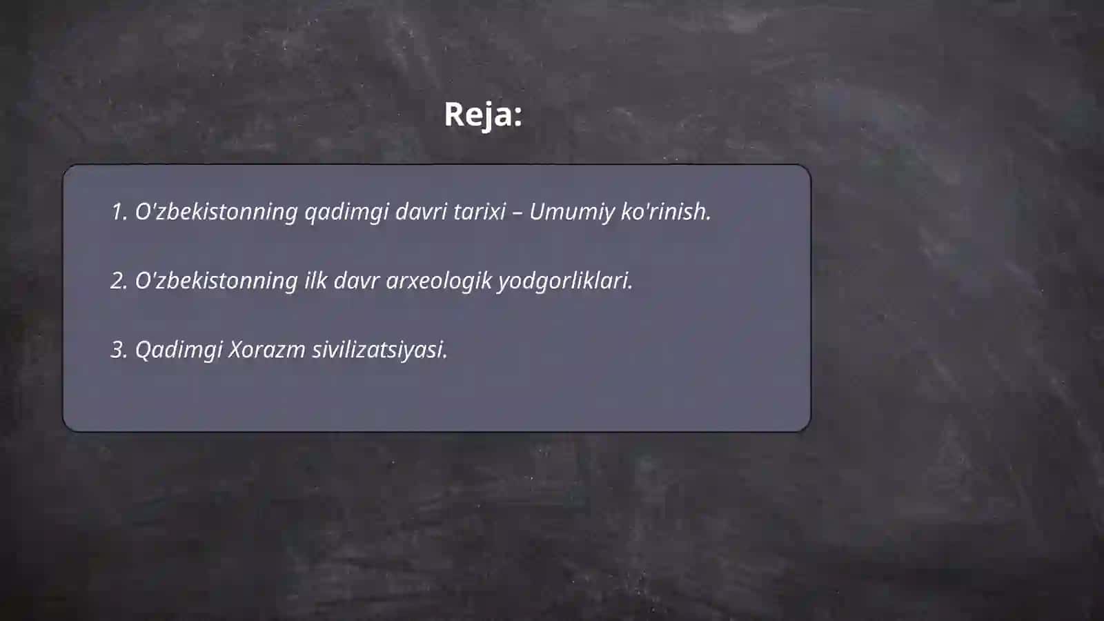Õzbekiston tarixi davlat muzeyiga virtual sayohat orqali muzeyning Õzbekistonning qadimgi davri tarixiga oid ekispanatlarni urganish va tahliliy taqdimot 2