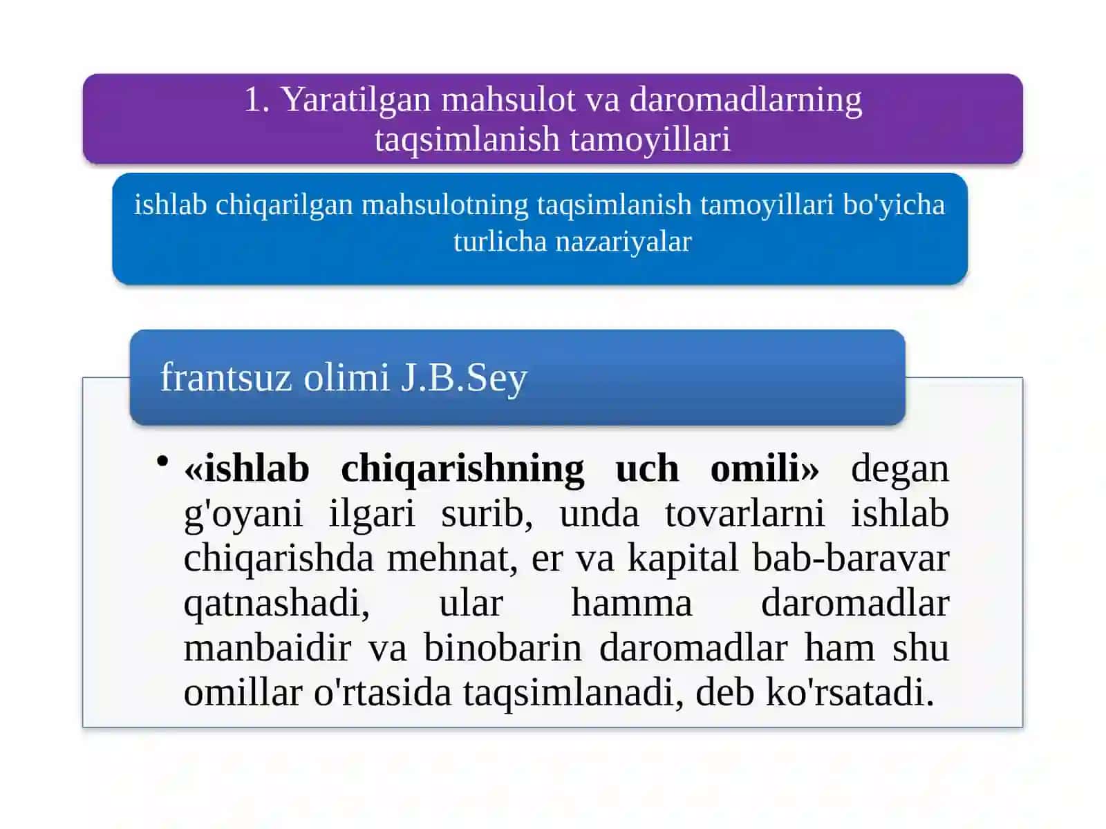 Ishlabchiqarilgan mahsulotning taqsimlanishi tamoyillari bo'yicha turlicha nazariyalar 2