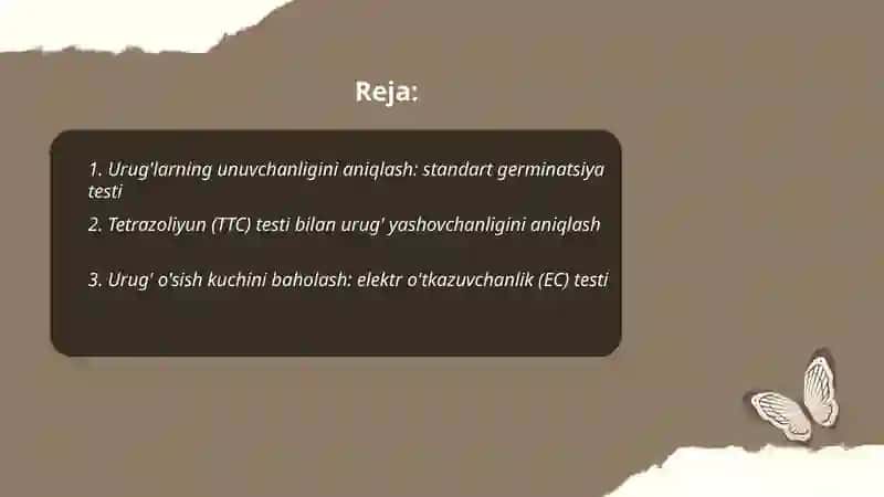 Urug'larning yashovchanligini unuvchanligini va o'sish kuchini aniqlash 2