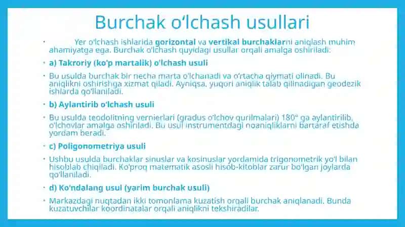 BURCHAK O‘LCHASH USULLARI. TEODOLITNI TEKShIRISH VA SOZLASH 2