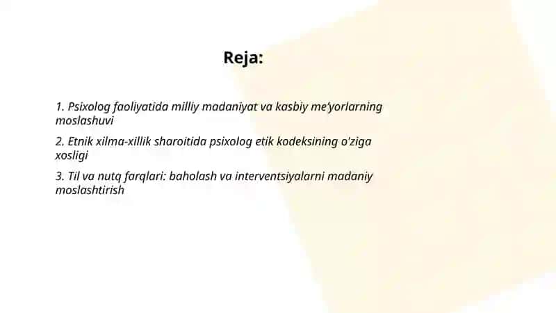 Psixolog faoliyatini etnik muammosi kasbiy meʼyorlarining oʻziga xosligi MT.PSX-AU-25 2