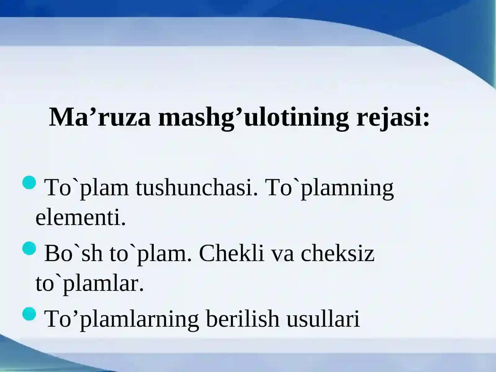 "BOSHLANG`ICH MATEMATIKA KURSI NAZARIYASI" 2