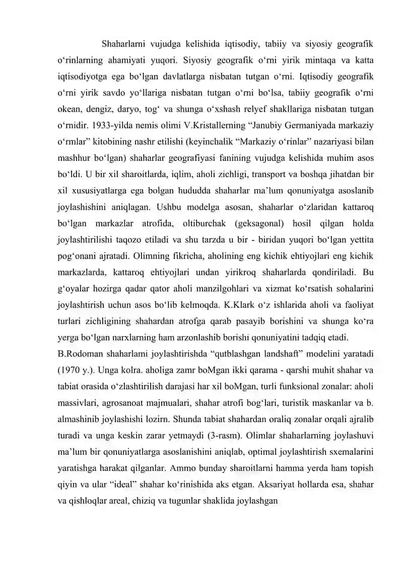 Shaharlar geografiyasi. Mustaqil ish. Mustaqil ish mavzusi "Shaharlarning vujudga kelishida geografik o‘rinning roli". 2