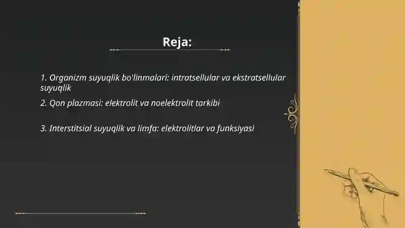 Organizmning biologik suyuqliklari elektrolit va noelektrolitlar eritmalari sifatida. 2