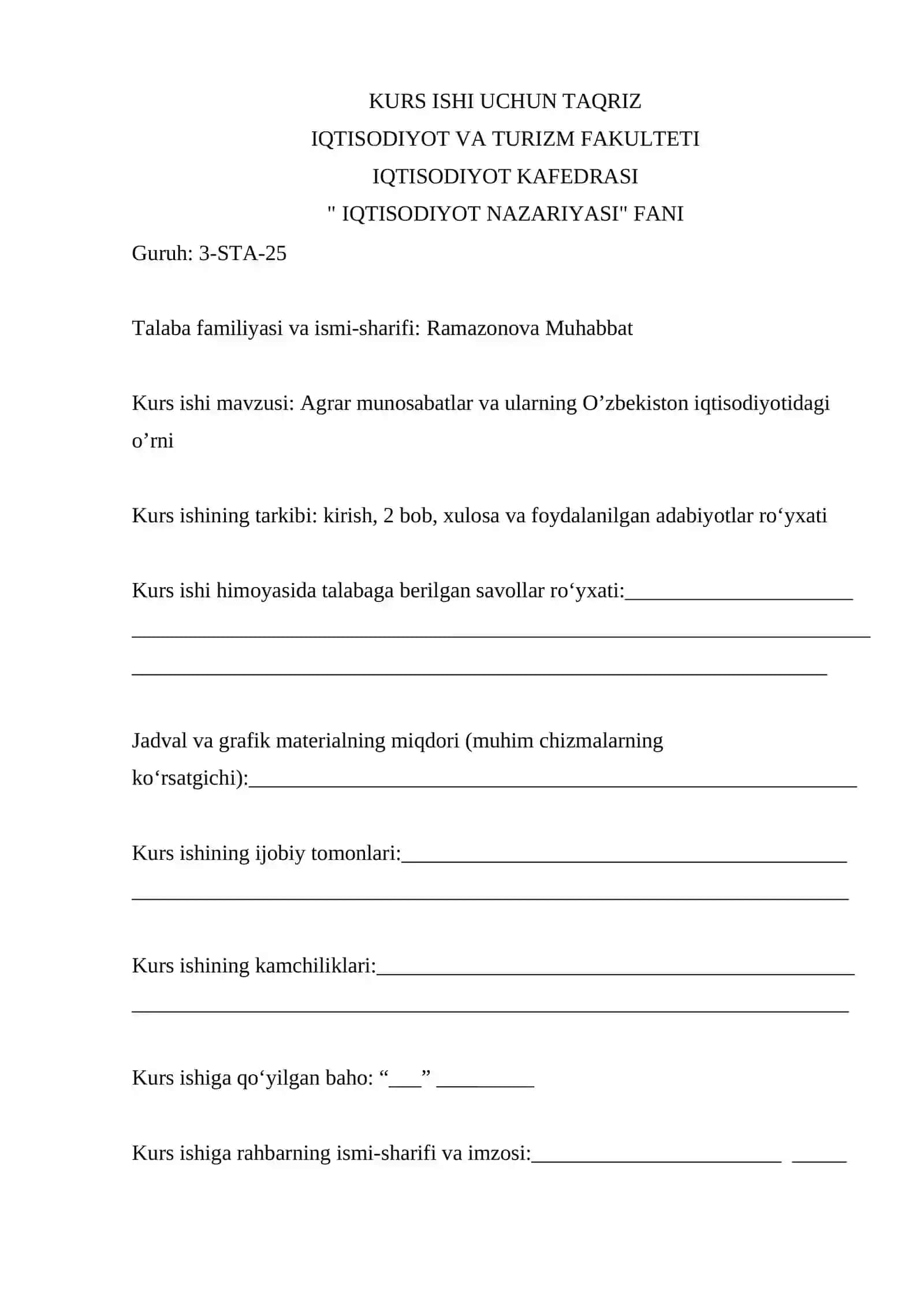 Agrar munosabatlar va ularning O’zbekiston iqtisodiyotidagi o’rni 2
