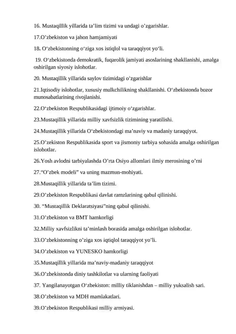 O’zbekistonning eng yangi tarixi fanidan mustaqil ta’lim mavzulari 2
