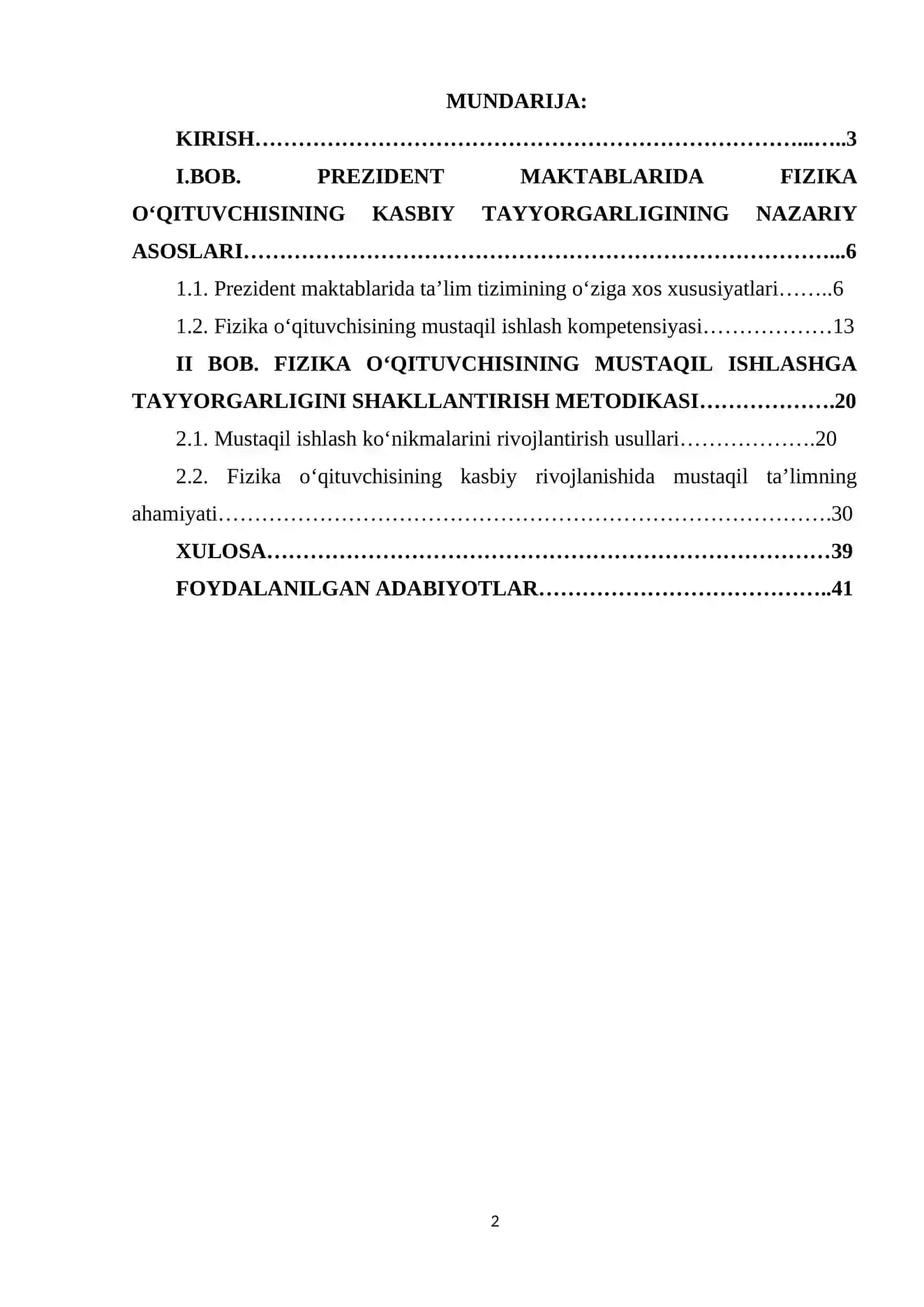 PREZIDENT MAKTABLARIDA FIZIKA O'QITUVCHISINING MUSTAQIL ISHLASHGA TAYYORGARLIGI KURS ISHI 2