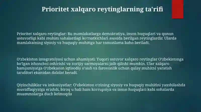 Siyosiy-Huquqiy Sohadagi Ustuvor Xalqaro Reytinglar Va Ular O'Zbekistonning Integratsiyalashuvi 2