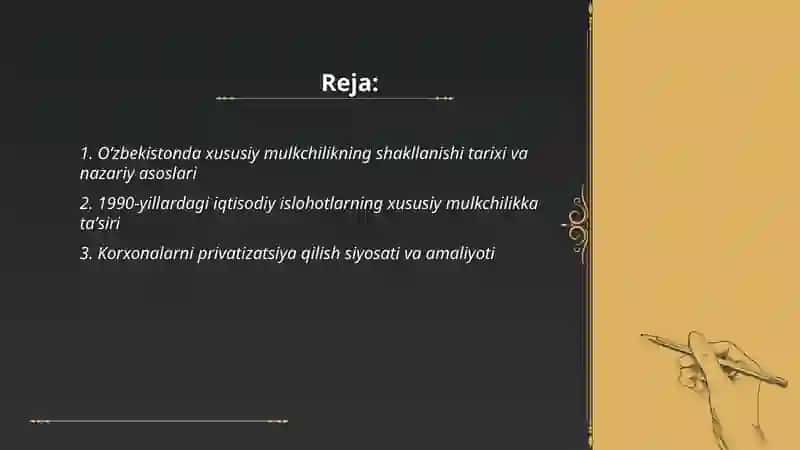 Iqtisodiy islohotlar xususiy mulkchilikning shakllanishi va Oʻzbekistonda bozor munosabatlarining rivojlanishi 2