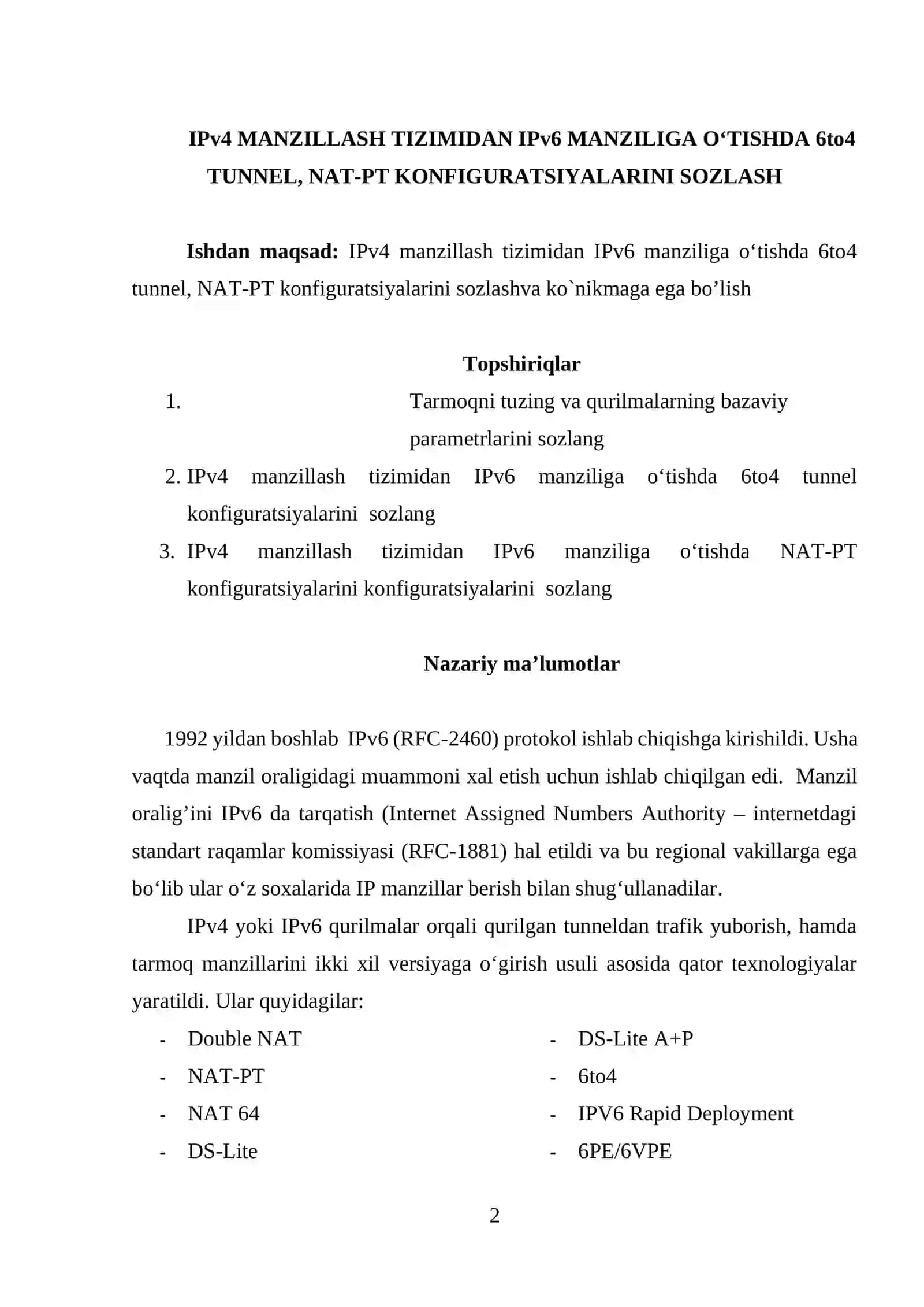 IPv4 MANZILLASH TIZIMIDAN IPv6 MANZILIGA O‘TISHDA 6to4 TUNNEL, NAT-PT KONFIGURATSIYALARINI SOZLASH 2