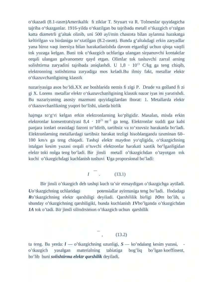 ELEKTR O‘TKAZUVCHANLIK. TOK KUCHINING KUCHLANISHGA BOG‘LIQLIGI 2