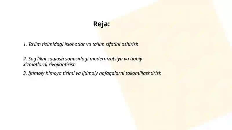 Oʻzbekistonda ijtimoiy soxada amalga oshirayotgan ijtimoiy oʻzgarishlar 2