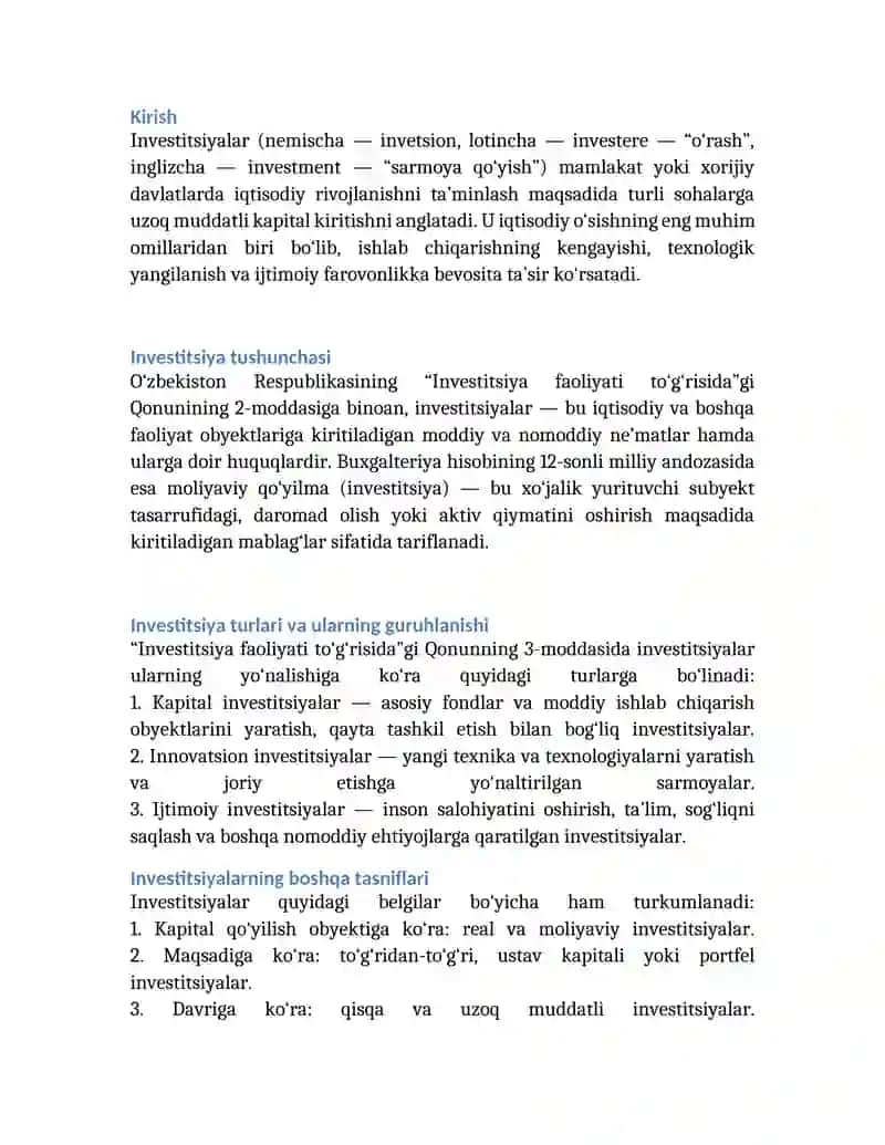 Investitsiya to‘g‘risida tushuncha va ularning guruhlanishi. Kapital va moliyaviy investitsiya 2