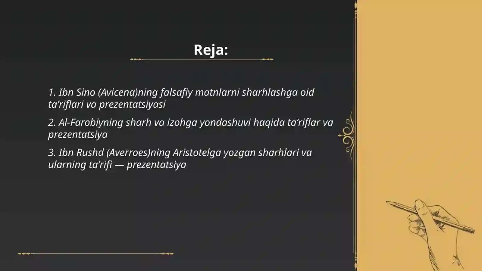 Falsafaning sharhiga oid Sharq va G'arb mutafakkirlari taʼriflarini va ular bo'yicha prezentatsiya tayyorlash 2