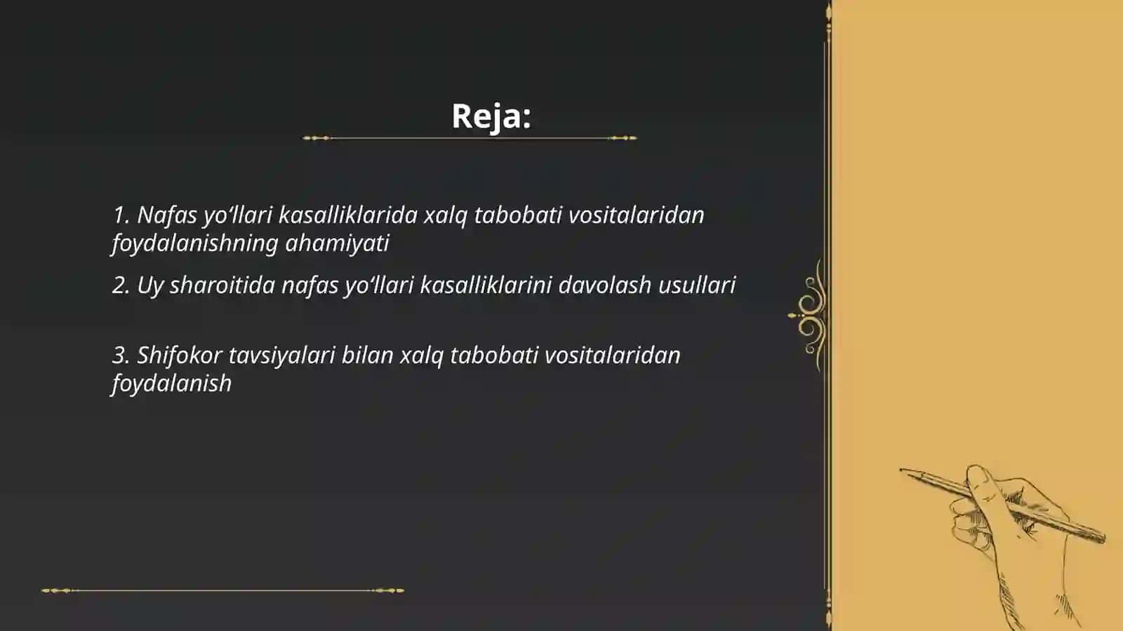 Nafas yollari kasallillarda bemorlarni xalq tabobati vositalari yoramida uy sharoitida parvarishlash(shifokor ko'rsatmalari asosida 2
