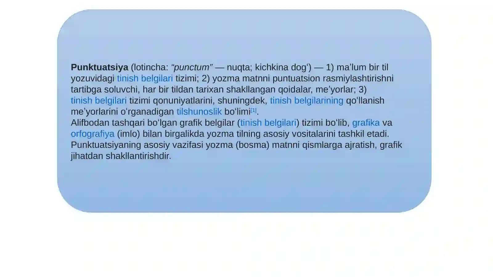 O’ZBEK TILINING TINISH BELGILARI, ULARNI MATNDA QO’LLASH HAQIDA TUSHUNCHA 2