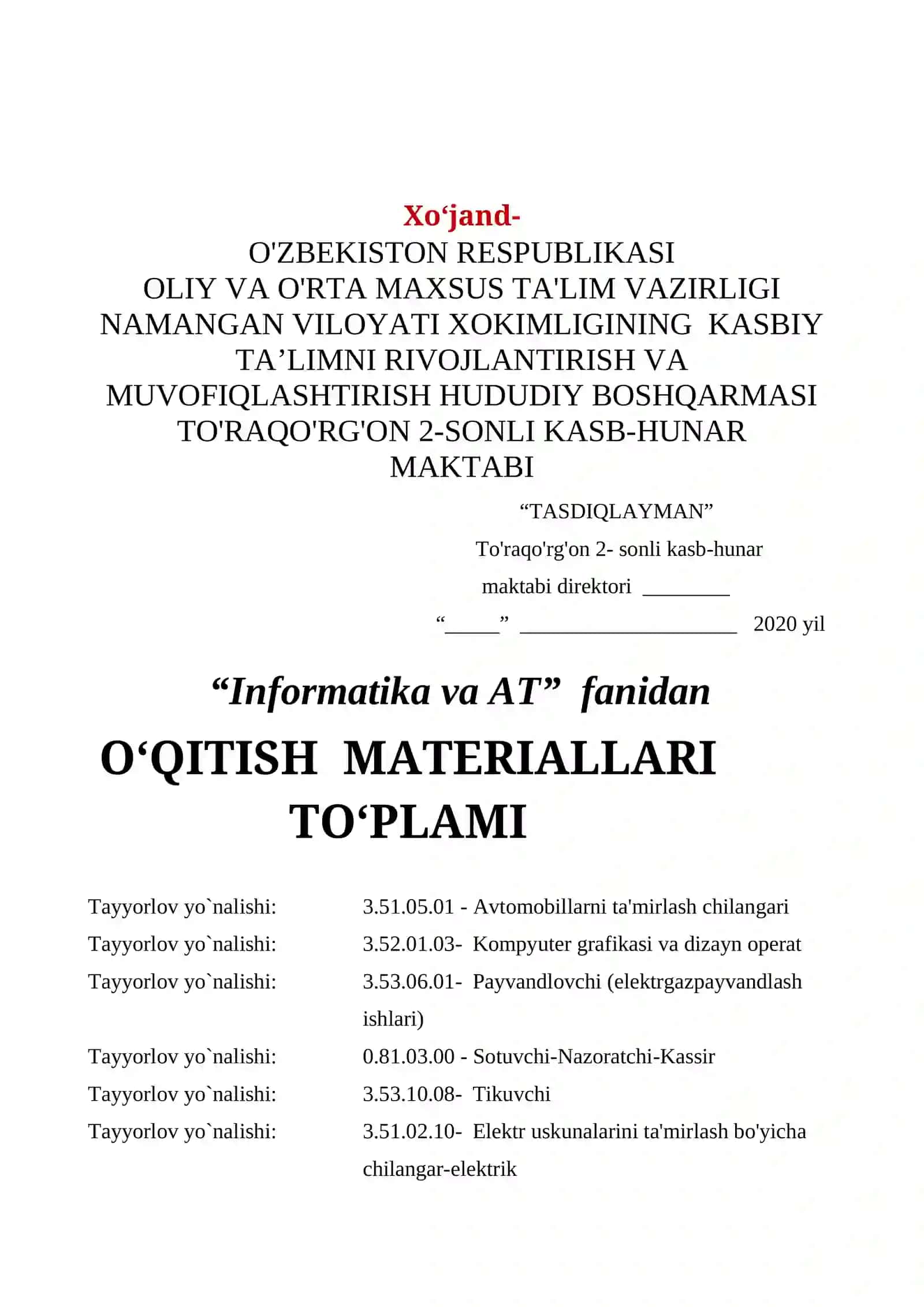 Informatika va AT fanidan O'QITISH MATERIALLARI TO'PLAMI 2