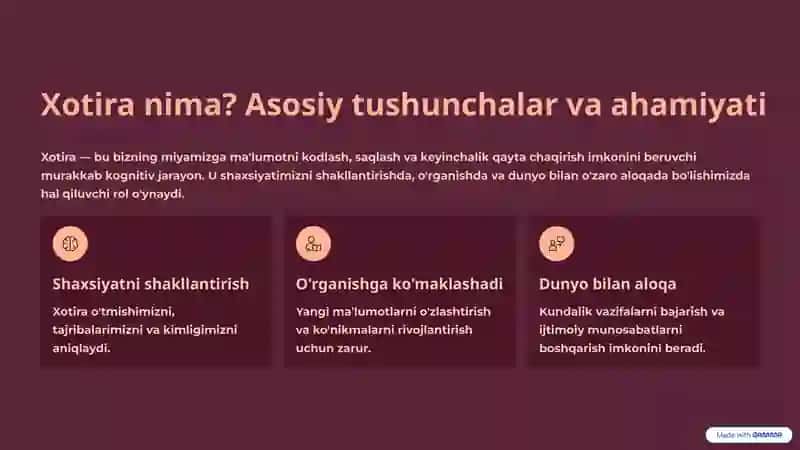 Xotira turlari: o'tmish tajribalarini eslab qolish, saqlash va unutish jarayonlari 2