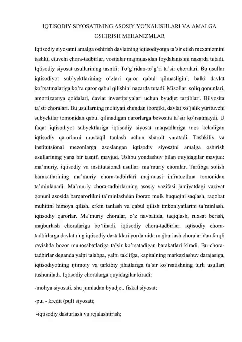 Iqtisodiy siyosatning asosiy yo’nalishlari va amalga oshirish mehanizmlari 2
