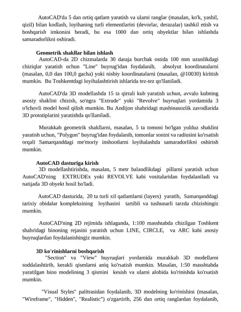 AutoCAD dasturida 2D va 3D chizmalarni yaratish 2