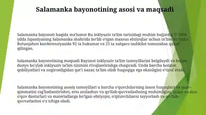 Salamanka Bayonoti Va Ish Faoliyat Rejasi. Inklyuziv TaʼLim Buyicha Xalqaro Miqiyosidagi Hujjat 2