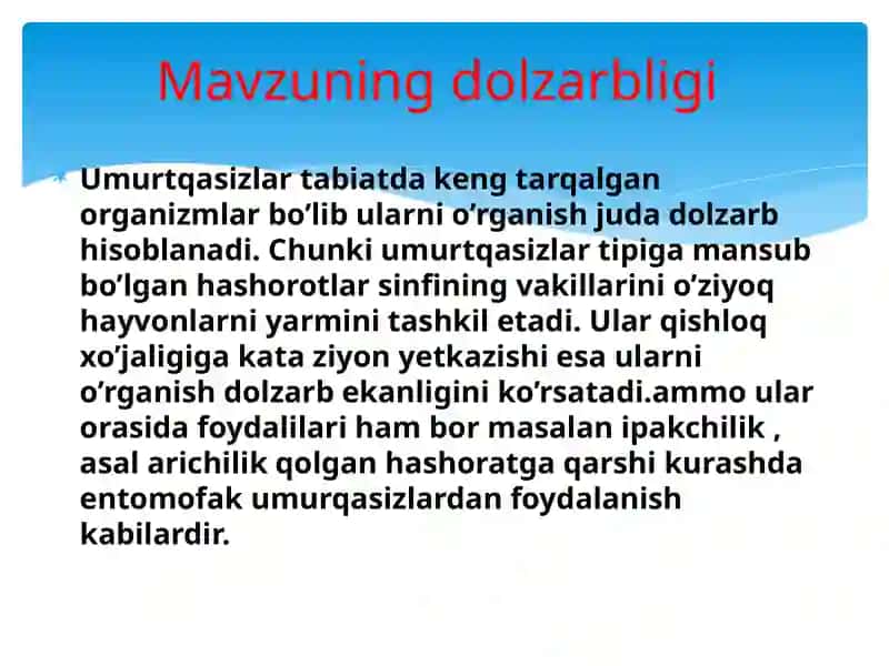 UMURTQASIZHAYVONLARNING XILMA-XILLIGI VA TURLI MUHIT SHAROITIGA MOSLASHUV 2