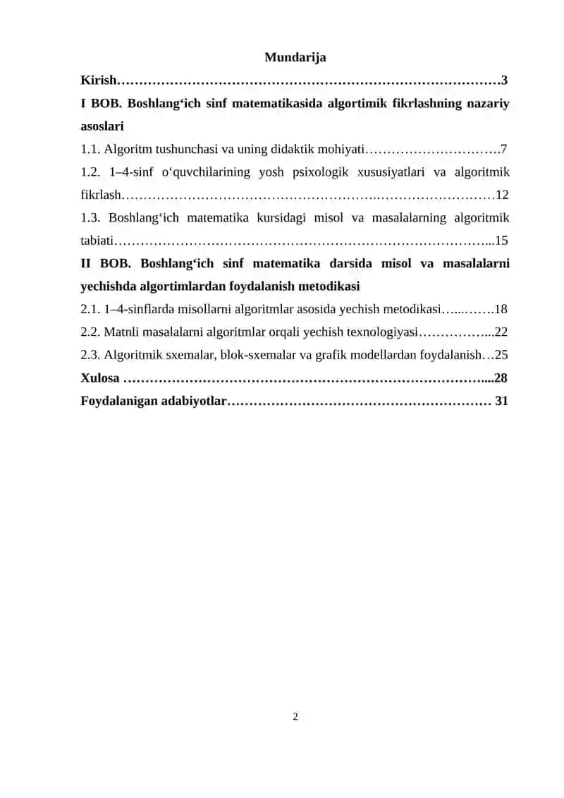 Boshlang‘ich sinf matematika darslarda misol va masalalarni yechishda algoritmlardan foydalanish metodikasi 2