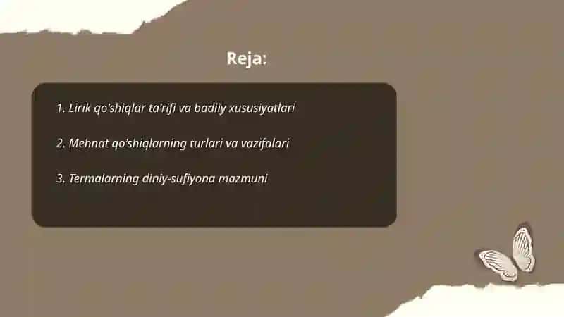 Lirik qo'shiqlar. Mehnat qo'shiqlari va termalar 2