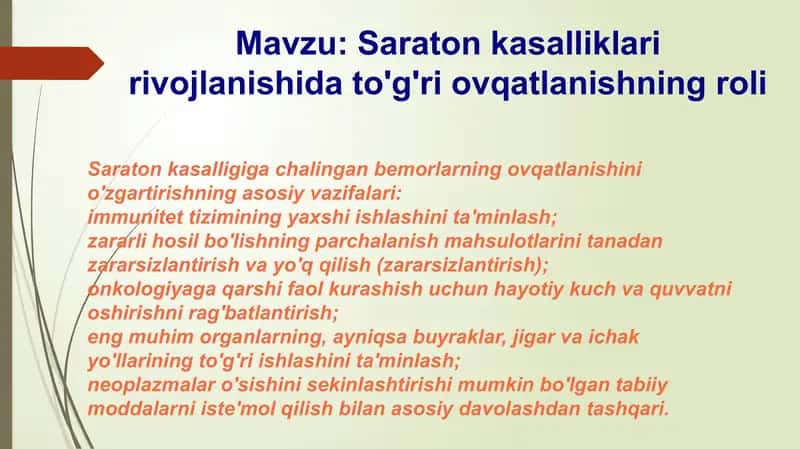 Saraton kasalliklari rivojlanishida to'g'ri ovqatlanishning roli 2